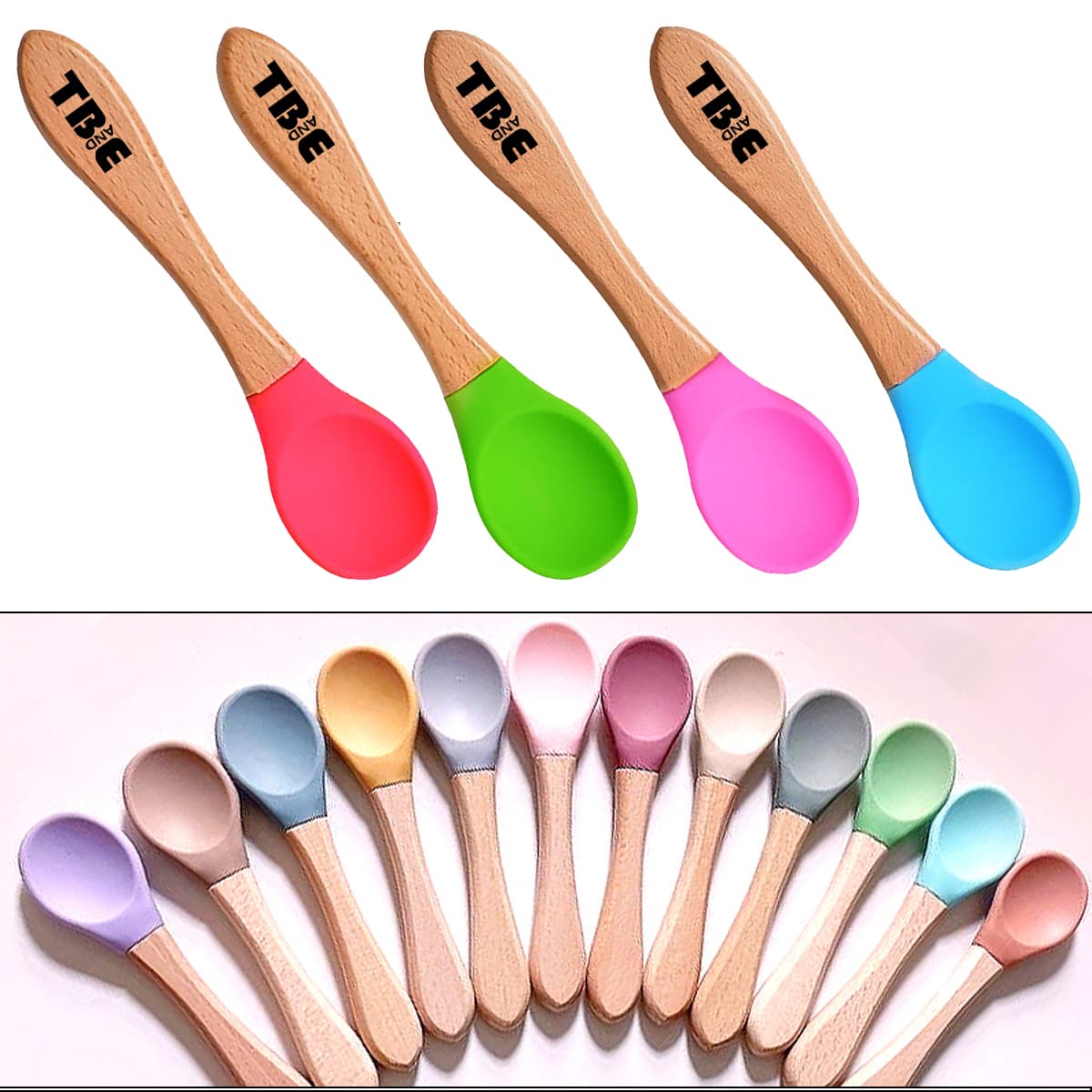 Baby Feeding Silicone Spoon With Wooden Handle