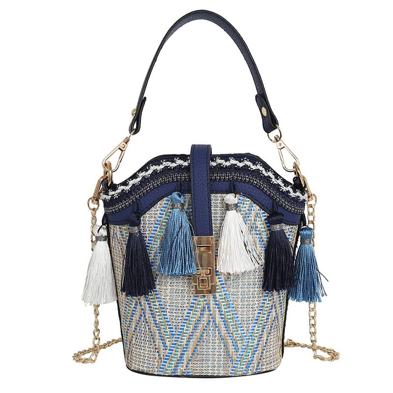 Jute Straw Cylindrical Shell Bucket Tote Crossbody Bag thumbnail 3