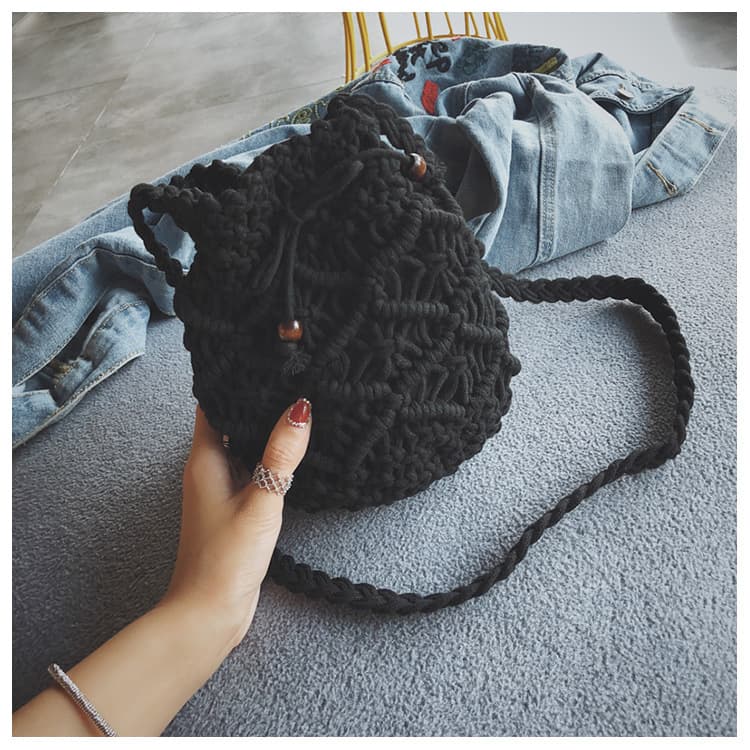 Cotton Linen String Drawstring Crossbody Beach Woven Bag thumbnail 5