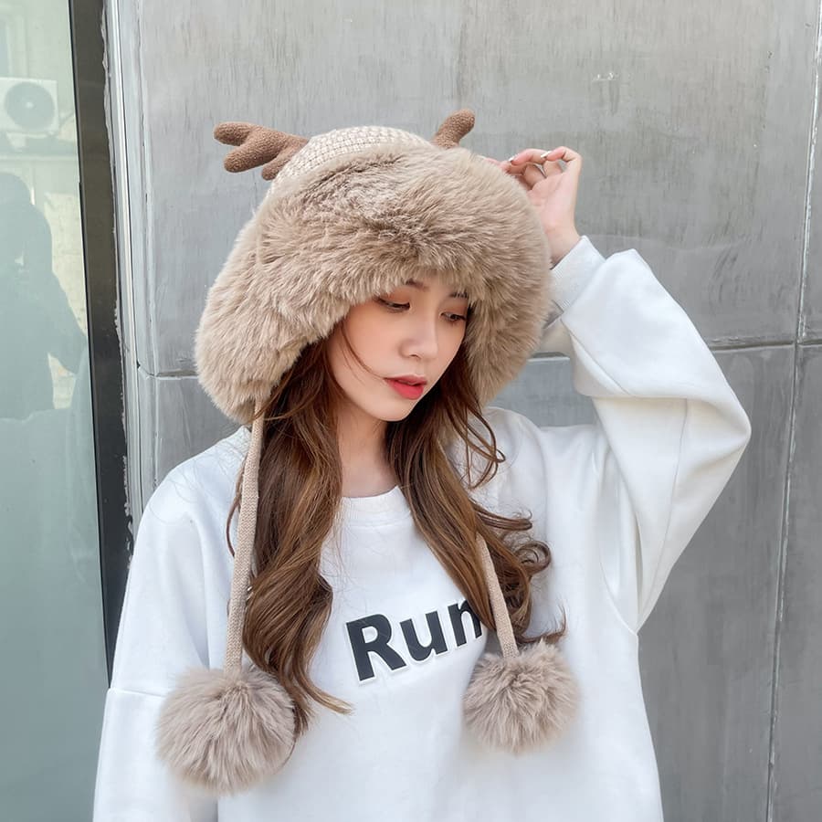 Women winter cover ear antler knit hat thumbnail 2