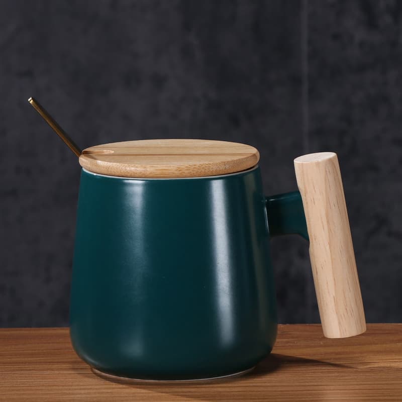 12oz. Ceramic Wooden Handle Tea cup Lid Spoon Coffee Mug thumbnail 5