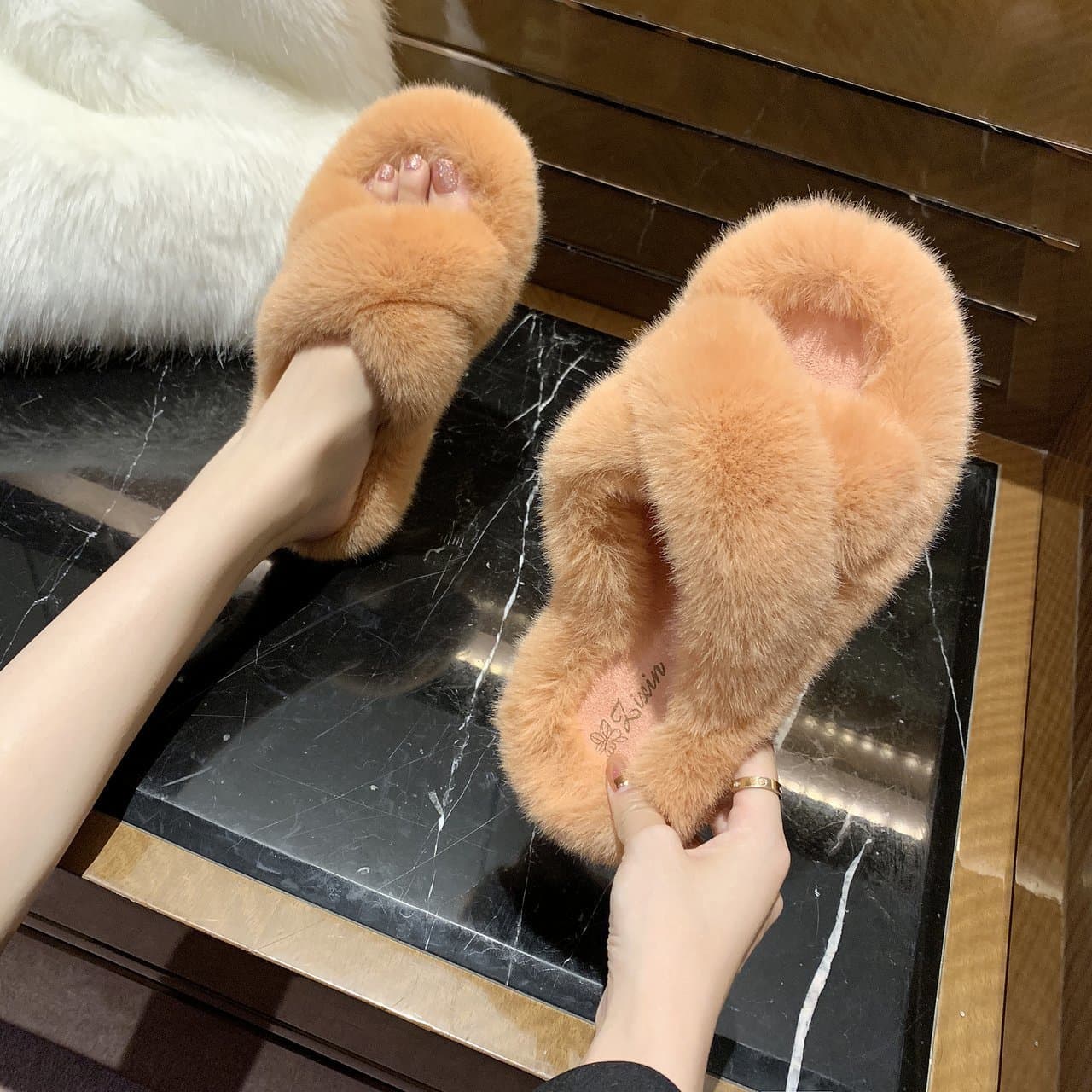 Fluffy Cross Band Slippers thumbnail 5