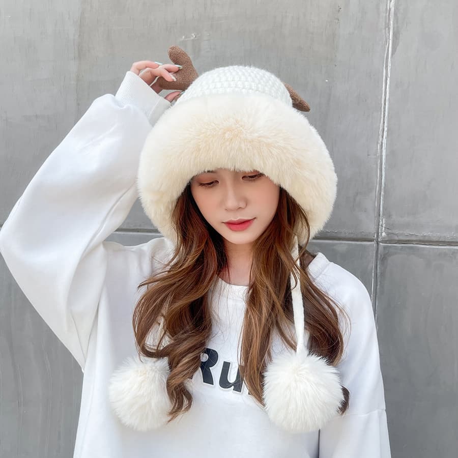 Women winter cover ear antler knit hat thumbnail 9