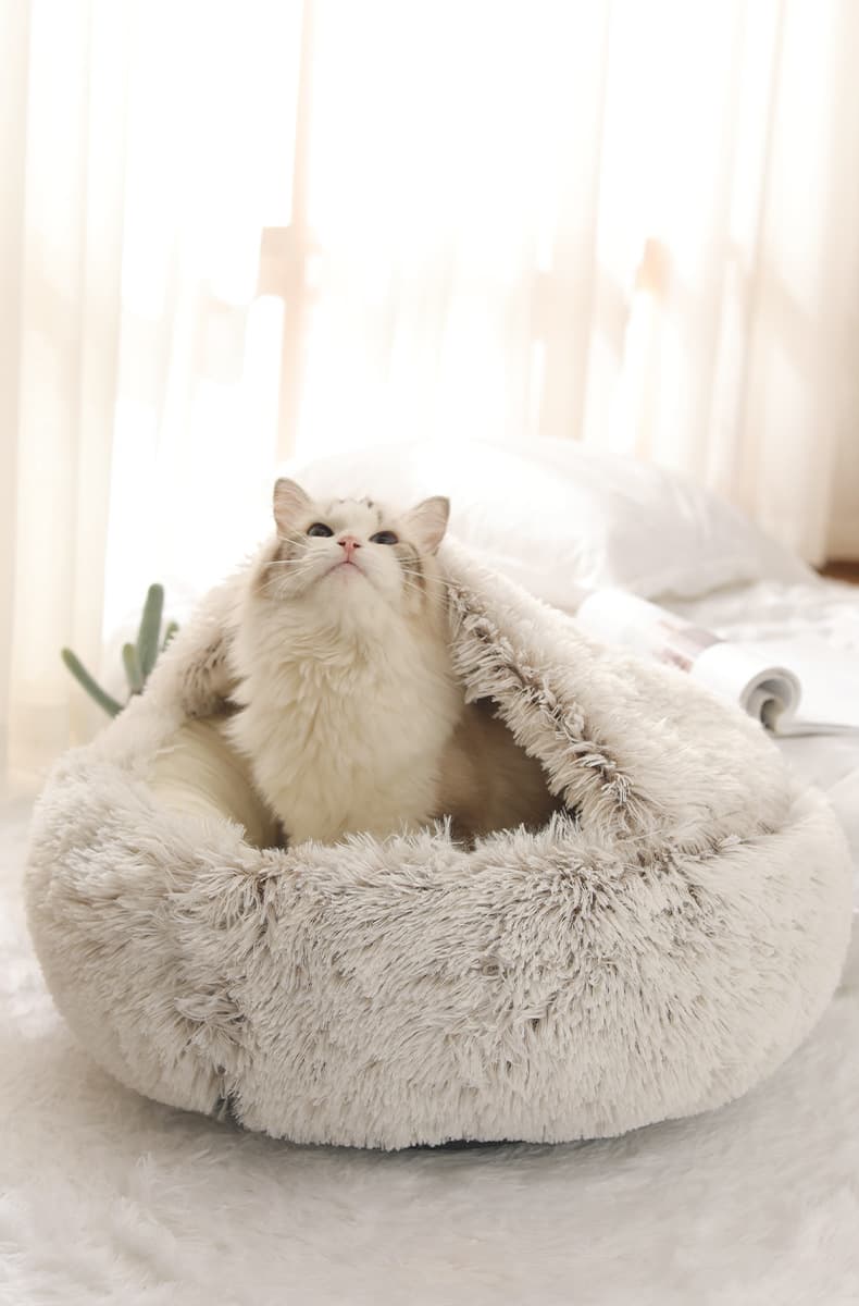 Round Soft Plush Burrowing Cave Hooded Pet Bed thumbnail 3