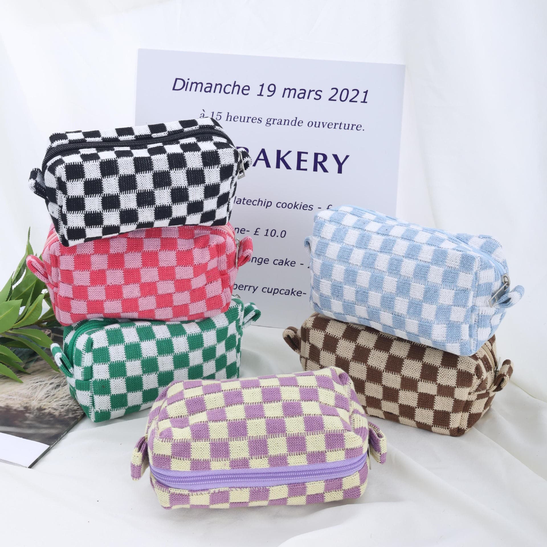 Wool Large Checkered Cosmetic Storage Bag with High Capacity thumbnail 10