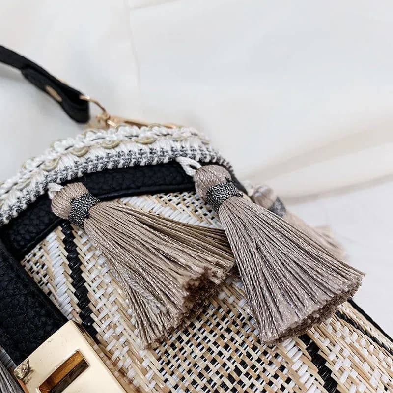 Jute Straw Cylindrical Shell Bucket Tote Crossbody Bag thumbnail 2