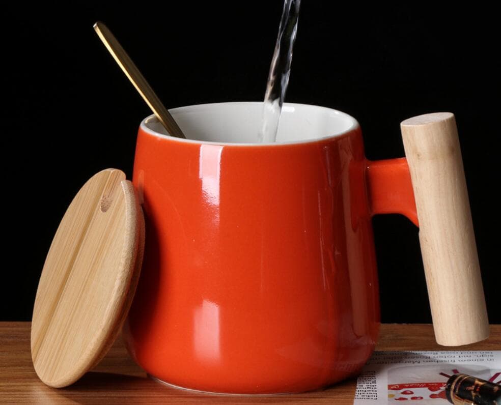 12oz. Ceramic Wooden Handle Tea cup Lid Spoon Coffee Mug thumbnail 9