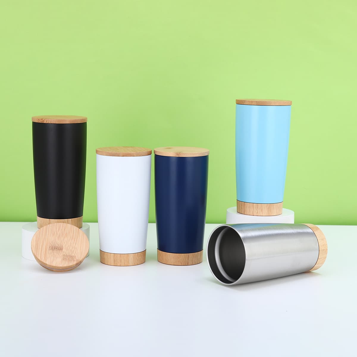 20 Oz Double Wall Thermal Cup With Bamboo Wooden Lid Base thumbnail 4