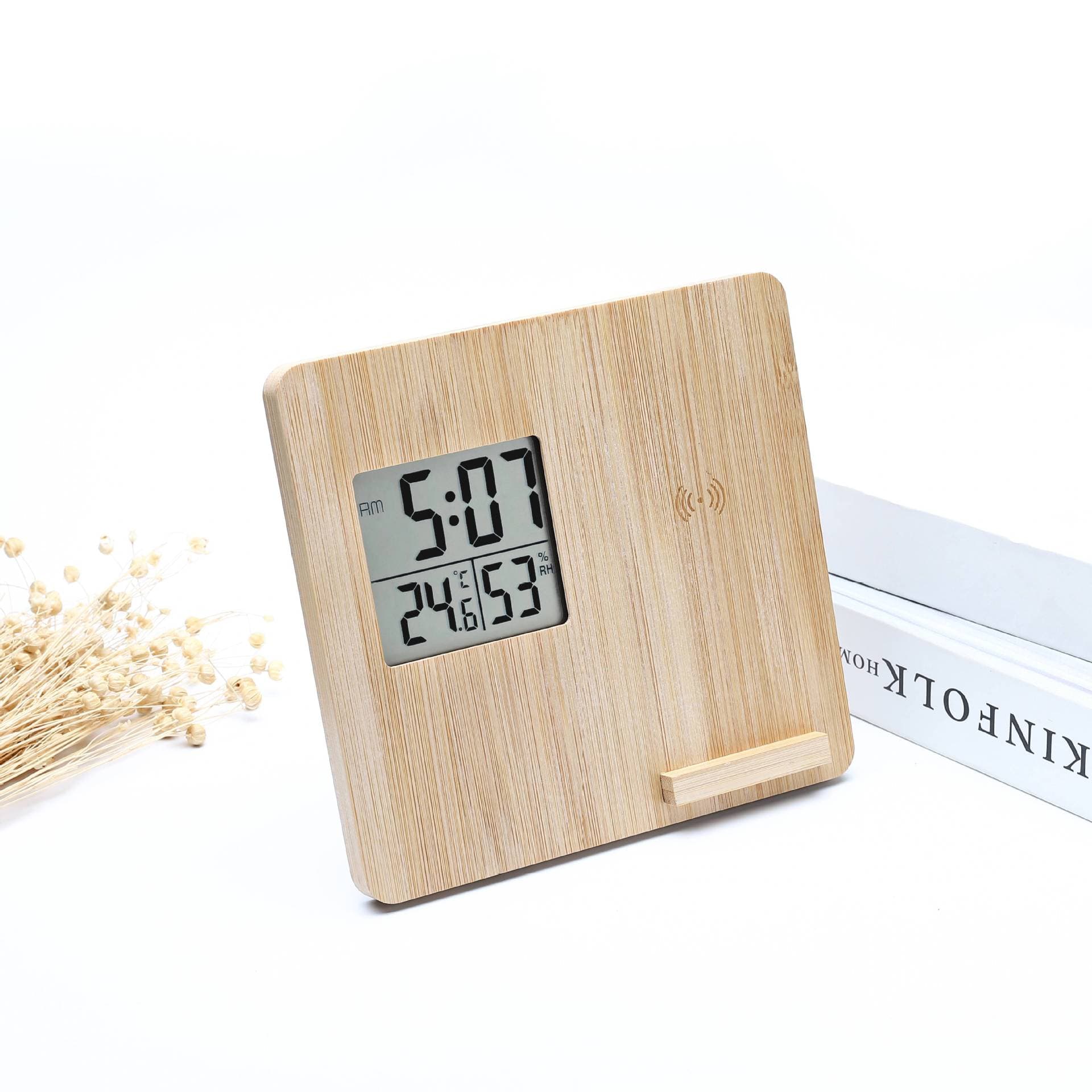 Wireless Charging Weather Temperature Humidity Bamboo Clock thumbnail 6
