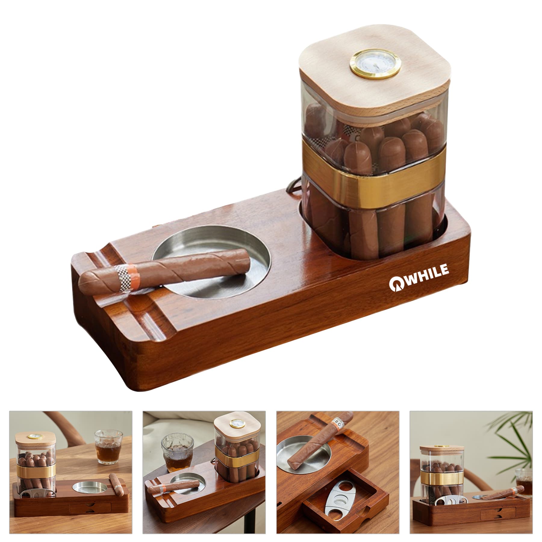 Wooden Cigar Case Humidor Ashtray Set With Cutter Office