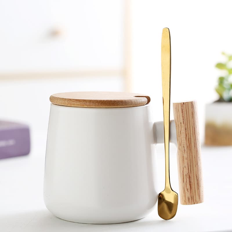 12oz. Ceramic Wooden Handle Tea cup Lid Spoon Coffee Mug