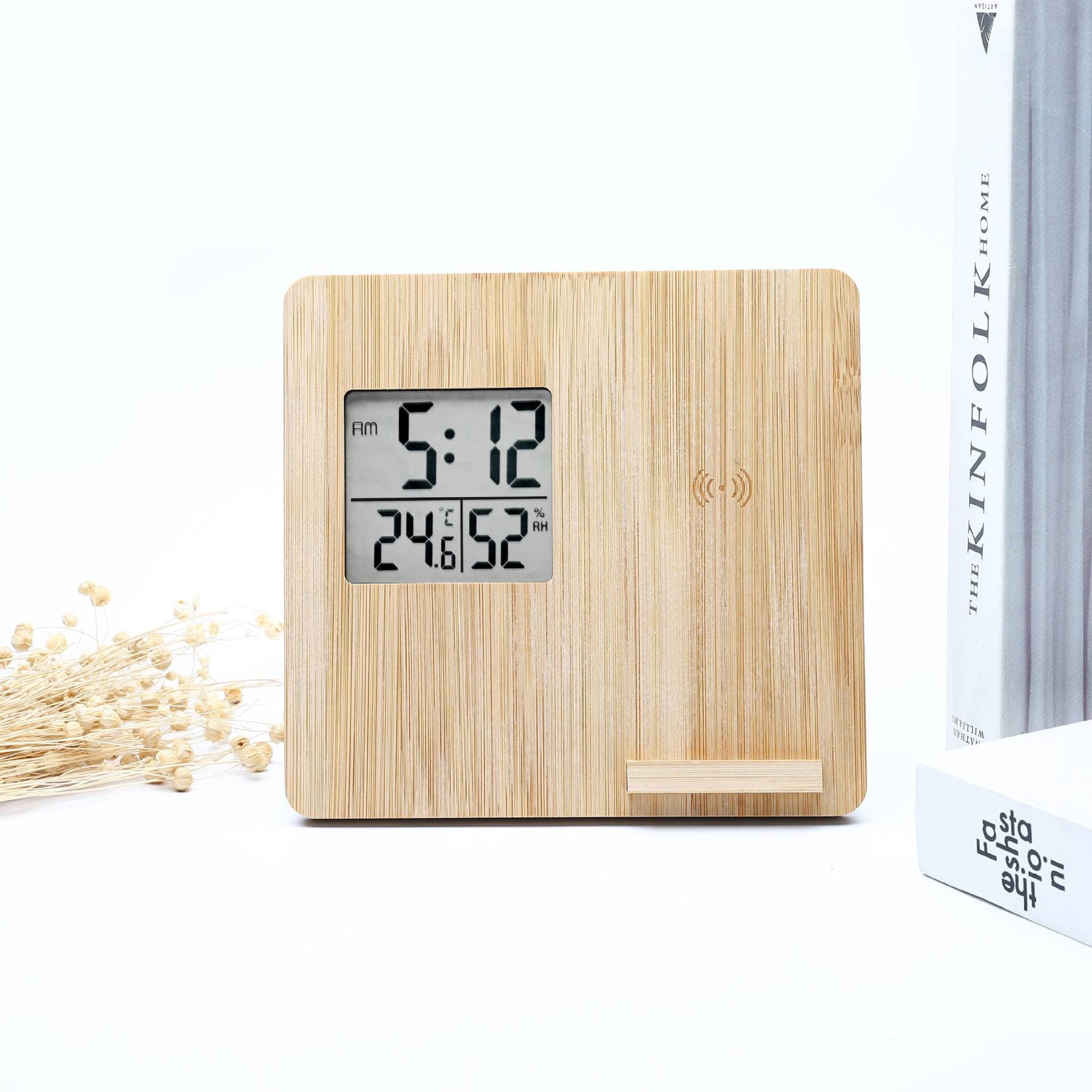 Wireless Charging Weather Temperature Humidity Bamboo Clock thumbnail 5