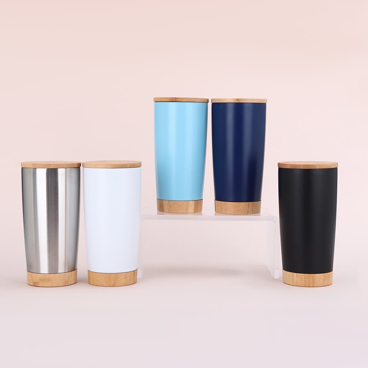 20 Oz Double Wall Thermal Cup With Bamboo Wooden Lid Base thumbnail 3