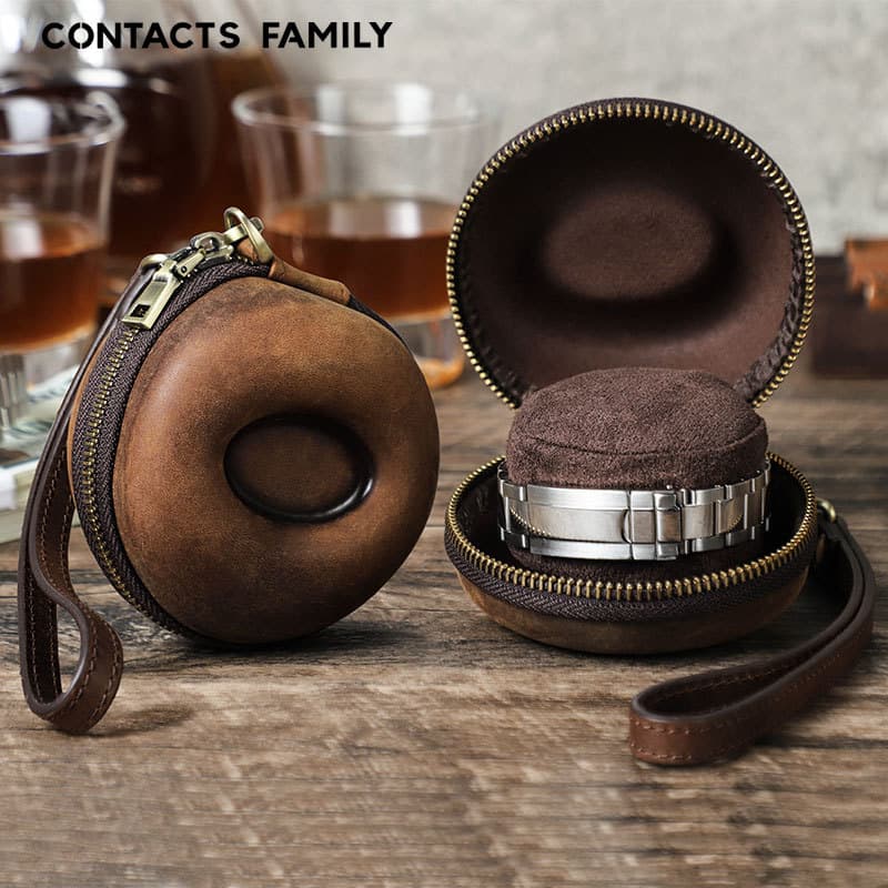 Genuine Leather Round portable watch storage bag thumbnail 3