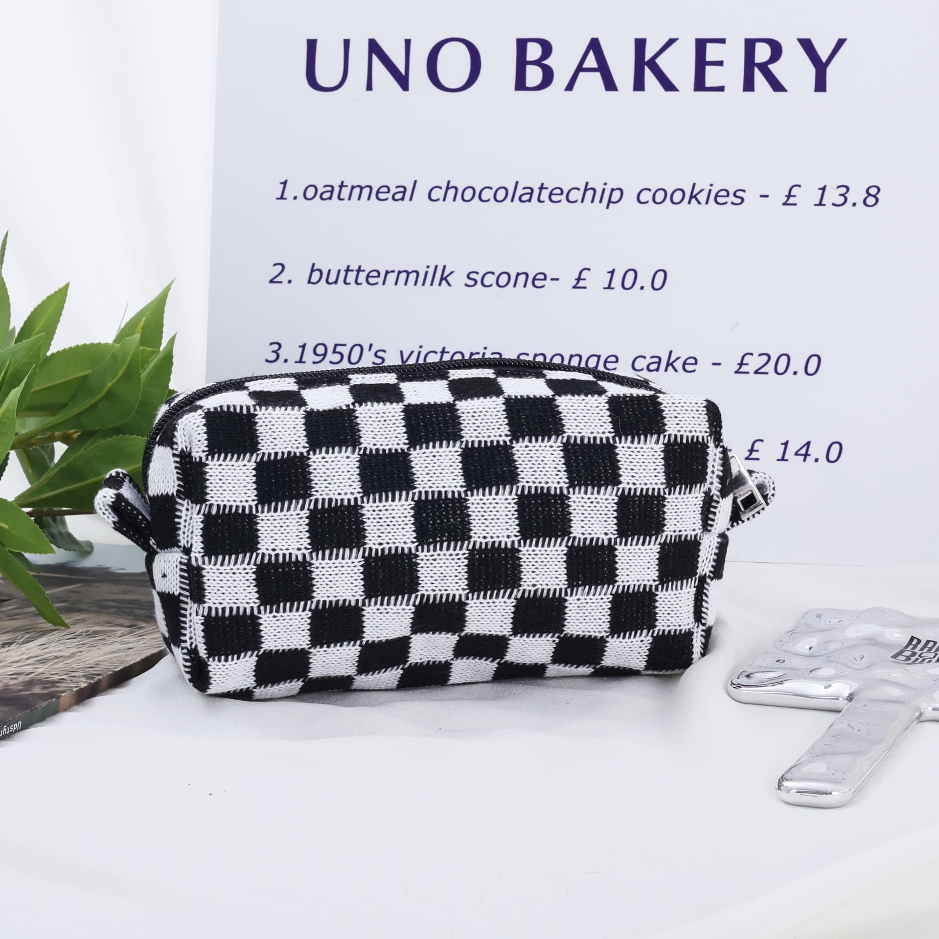 Wool Large Checkered Cosmetic Storage Bag with High Capacity thumbnail 2
