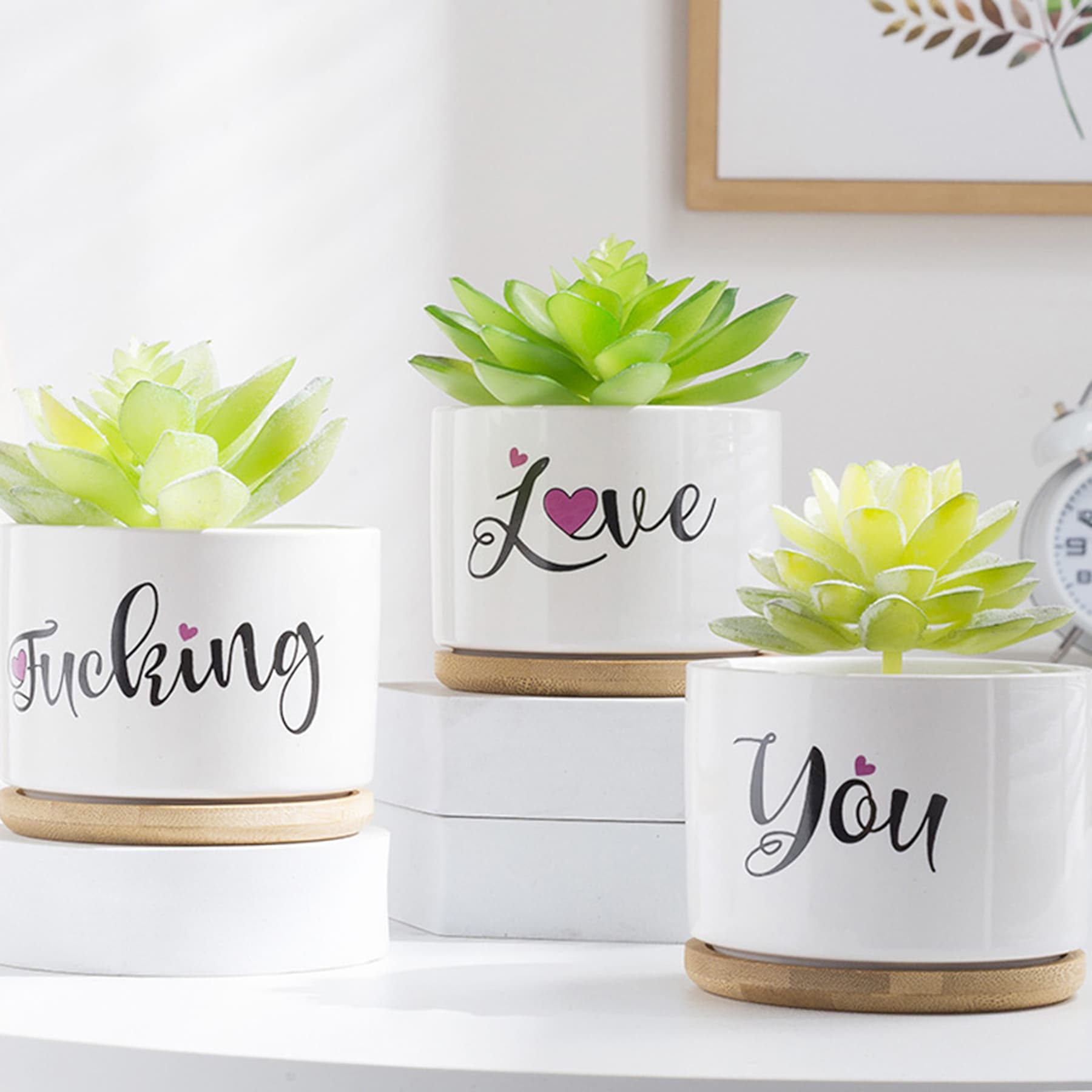 Ceramic Flower Planter Pot with Bamboo Tray thumbnail 5