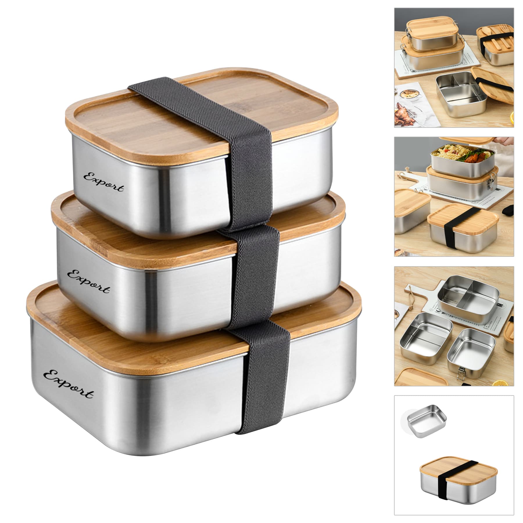 Stainless Steel Bento Rectangle with Wooden Lid 27oz 40oz 50