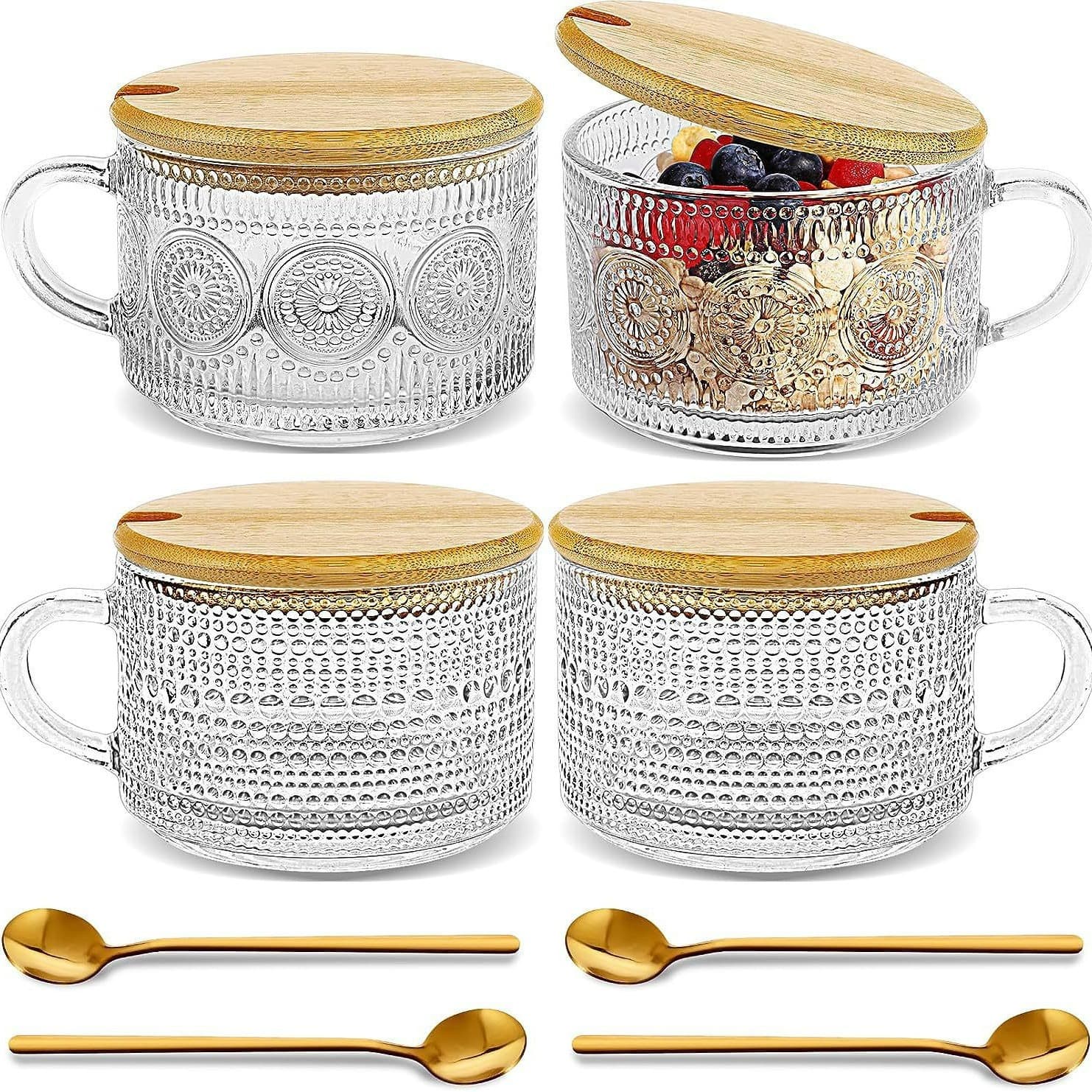 14oz Embossed Glass Iced Coffee Mugs Cups with Lids thumbnail 2