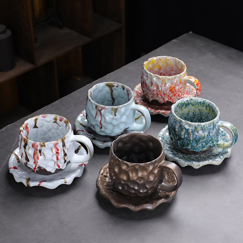 Hammered Pattern Coffee Cup and Saucer Set & Retro Mug thumbnail 2