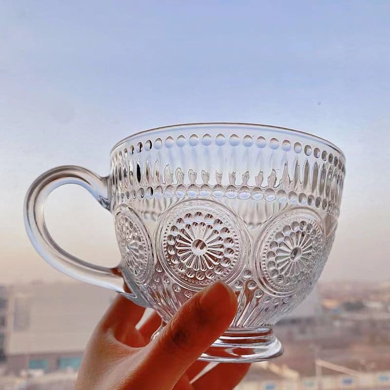 Glass Coffee Mugs Vintage Latte Clear Embossed Tea Cups thumbnail 5