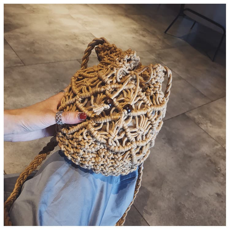 Cotton Linen String Drawstring Crossbody Beach Woven Bag thumbnail 3