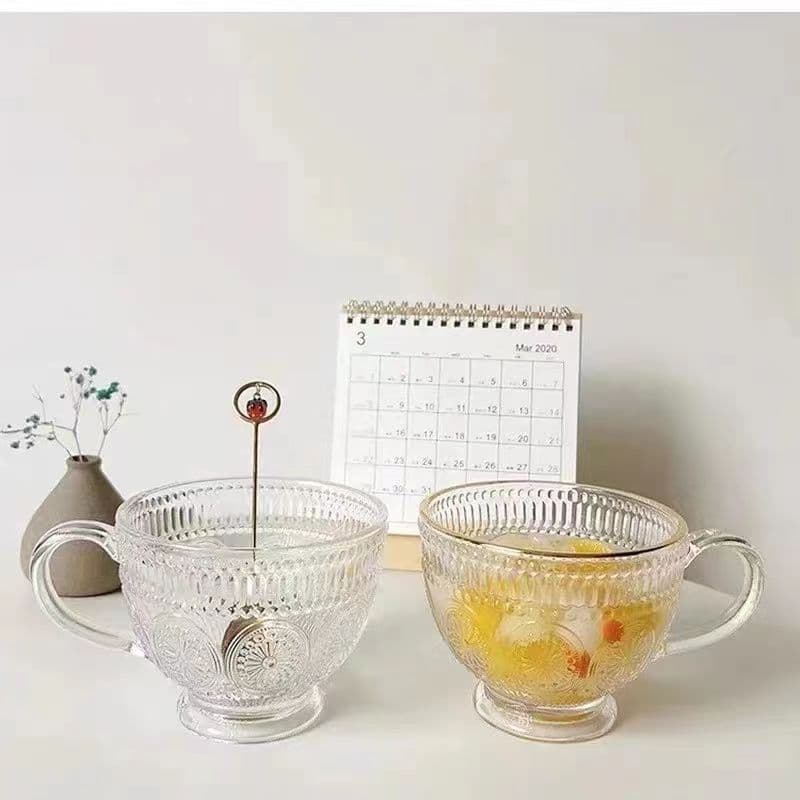 Glass Coffee Mugs Vintage Latte Clear Embossed Tea Cups thumbnail 4