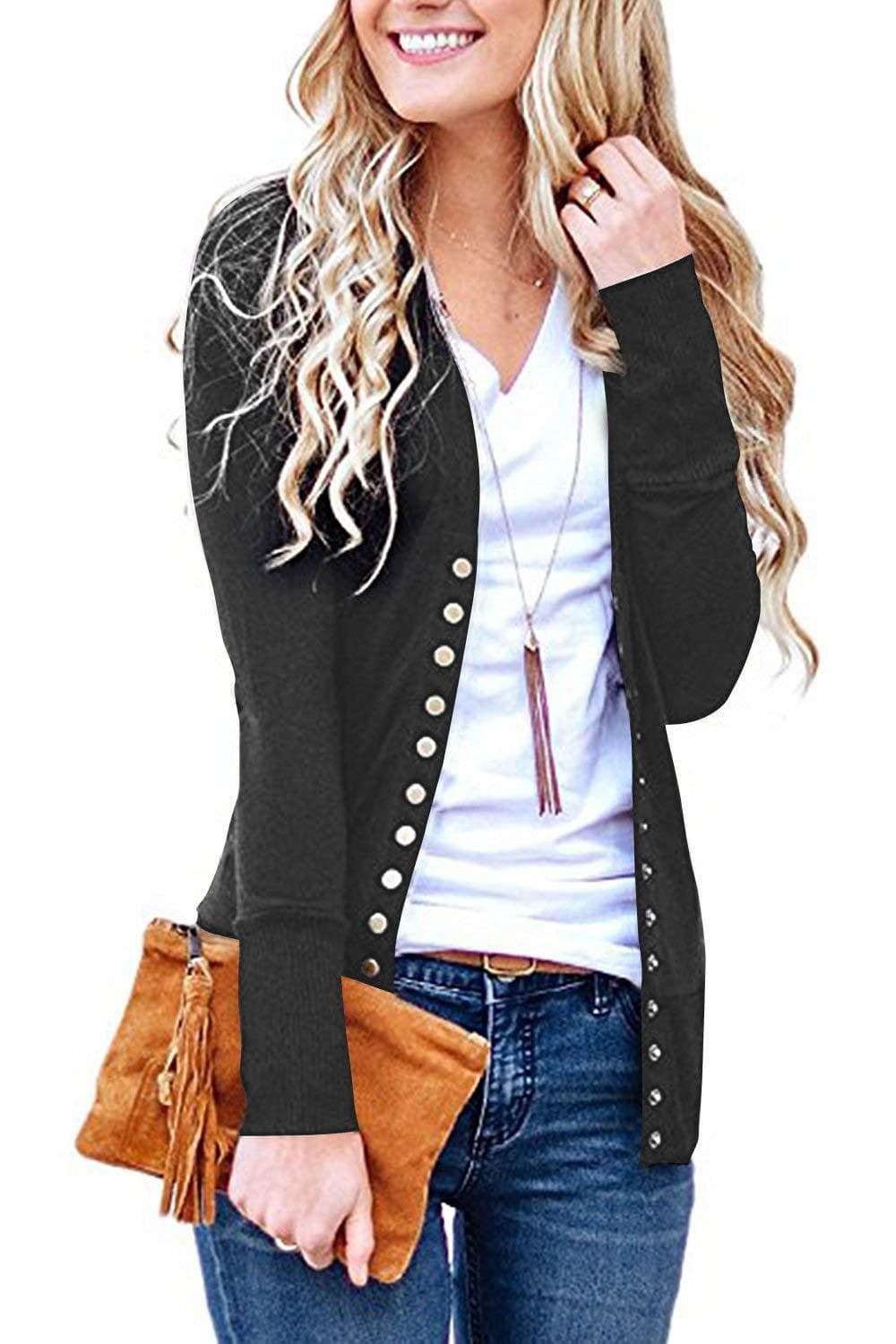 Women's Long Sleeve Snap Button Down Knit Neckline Cardigans thumbnail 5
