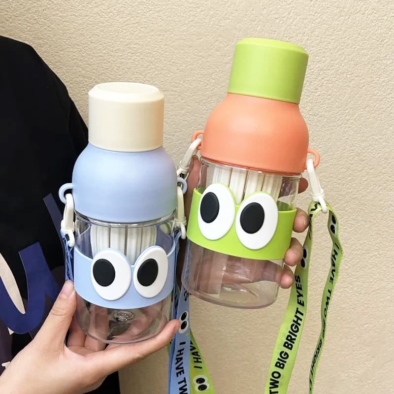 24 oz Cartoon Big Eyes Glass Water Bottle with Straw thumbnail 5