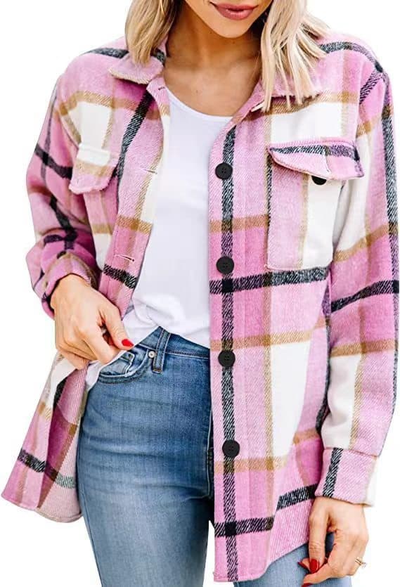 Casual Plaid Shacket Button Down Long Sleeve Shirt
