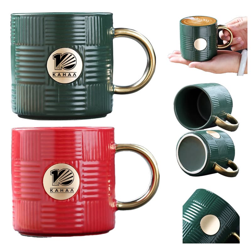 12 Oz Woven Style Ceramic Mug With Gold Handle With Spoon
