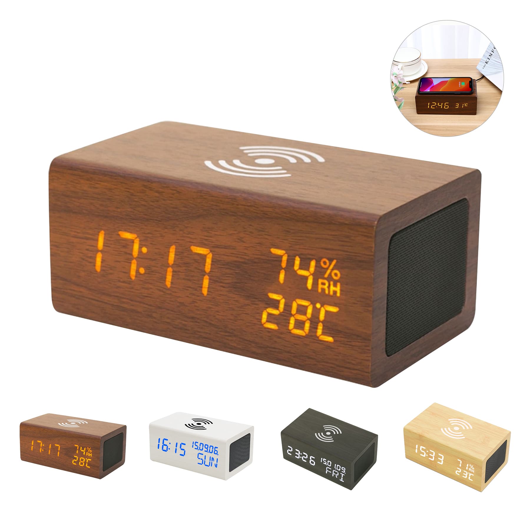 Wooden Wireless Charging Bluetooth Speaker W/Alarm Clock