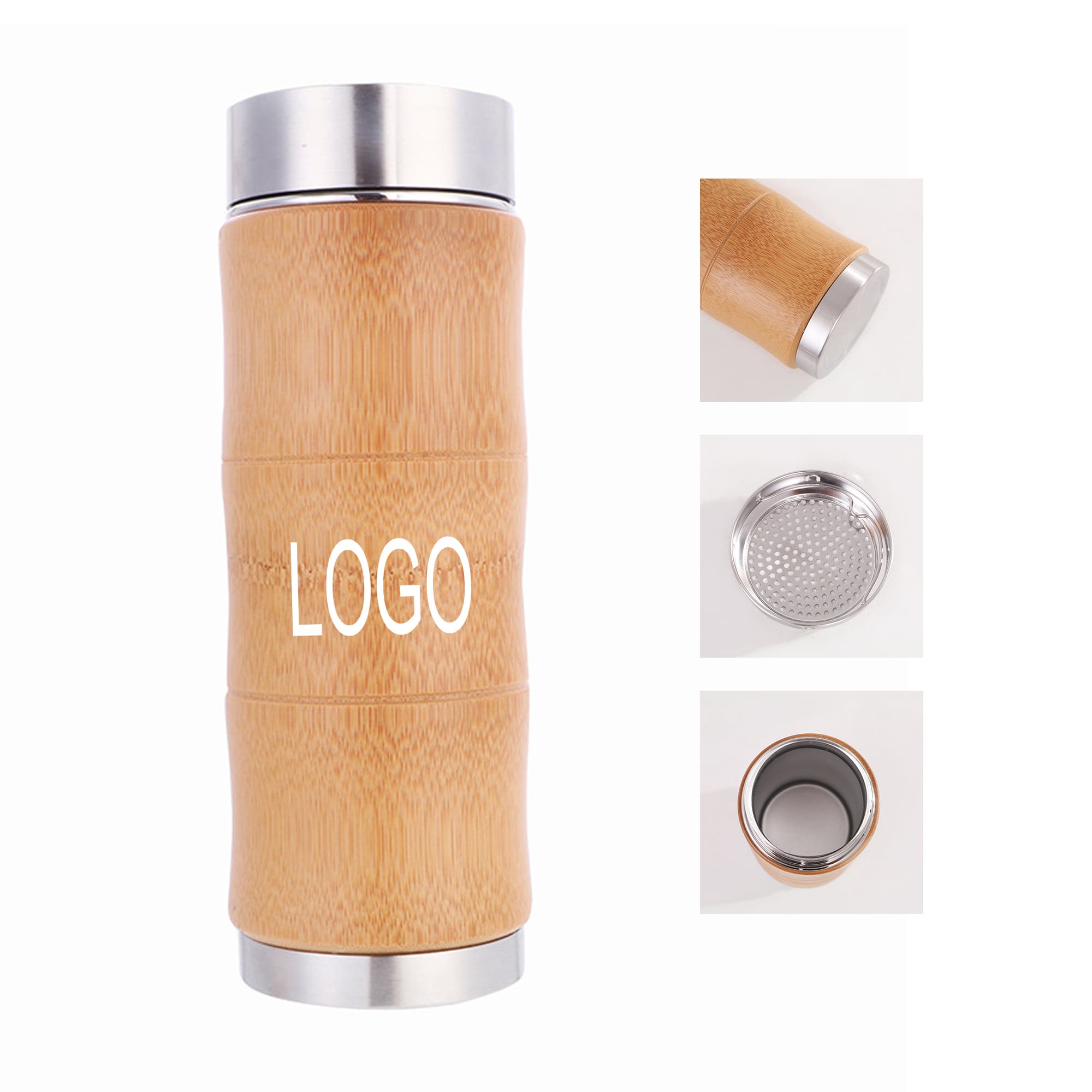 Custom Bamboo Thermos Double Wall Insulated Bottle With Logo