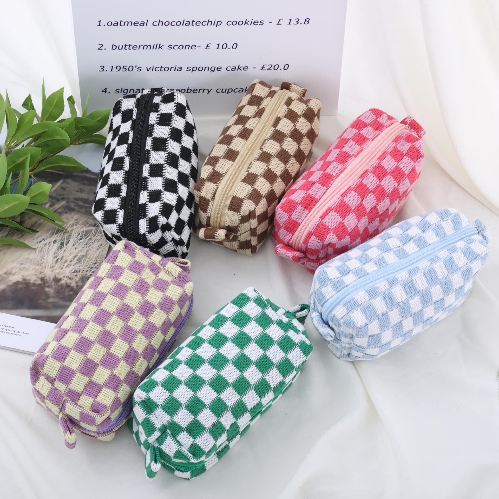 Wool Large Checkered Cosmetic Storage Bag with High Capacity
