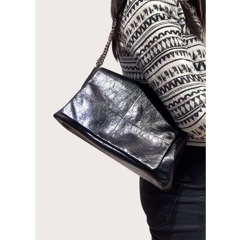 Genuine Leather Shoulder Tote bag with Hardware Chain