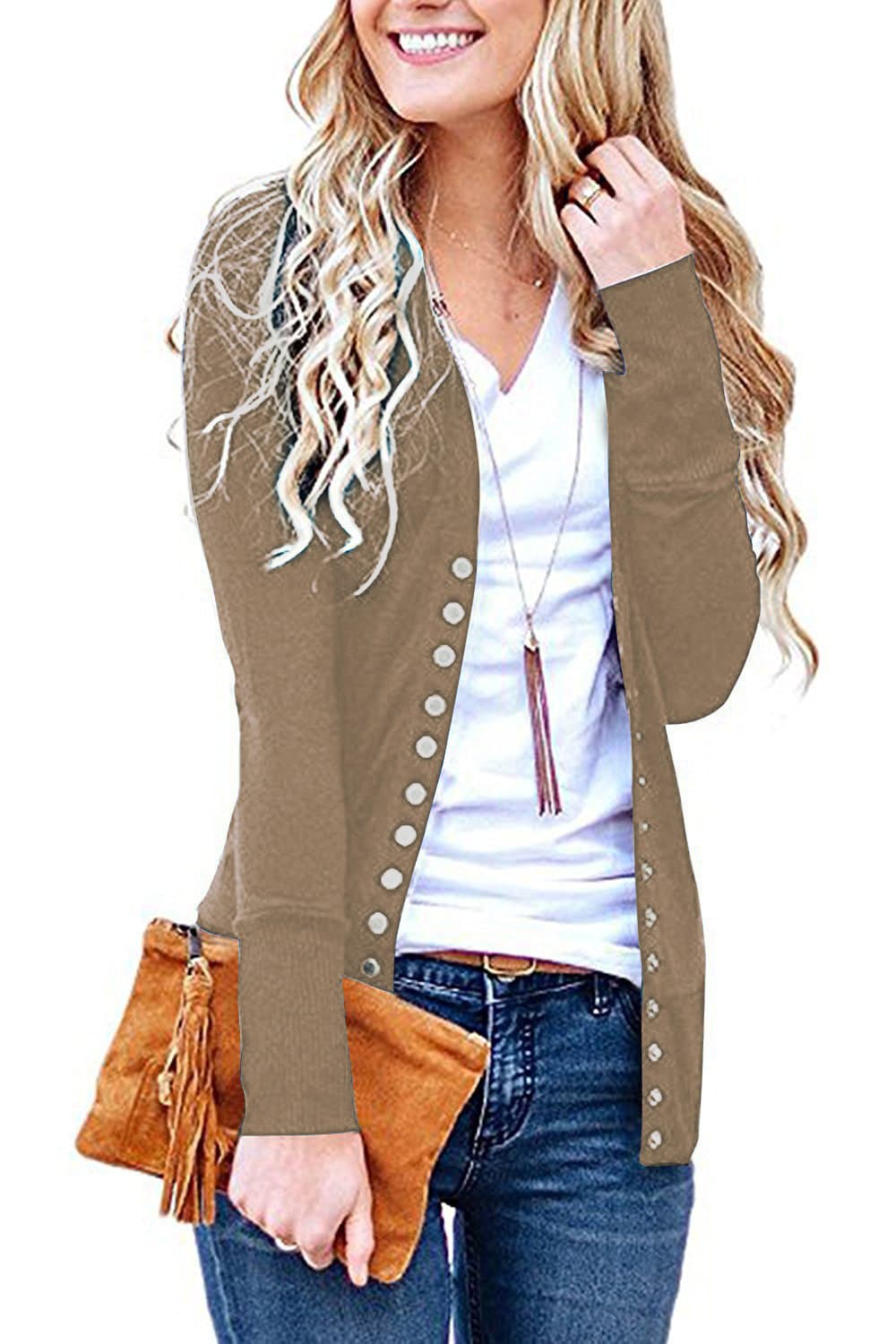 Women's Long Sleeve Snap Button Down Knit Neckline Cardigans
