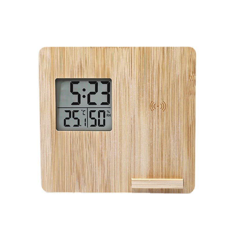 Wireless Charging Weather Temperature Humidity Bamboo Clock