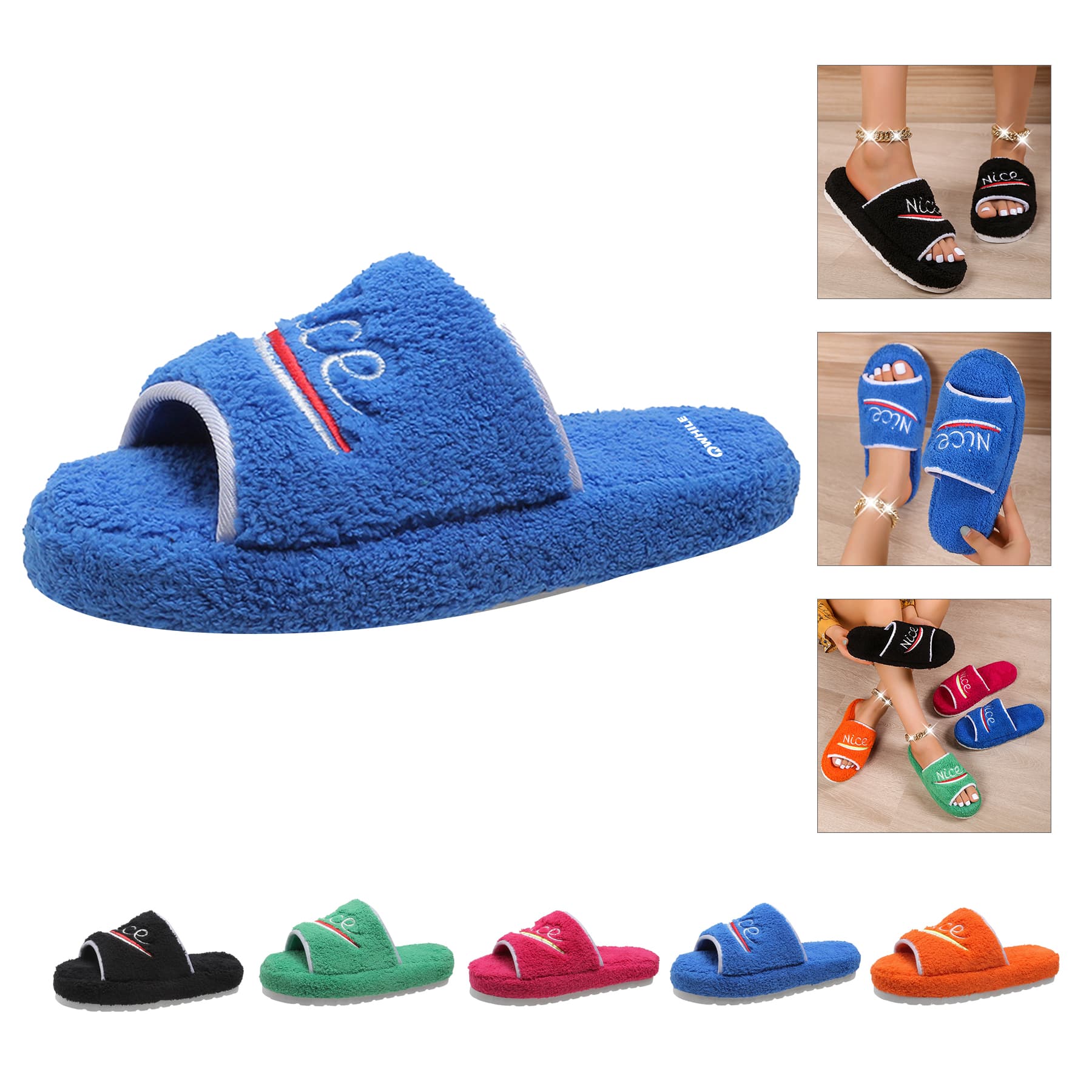Womens Embroidered Fur Slippers