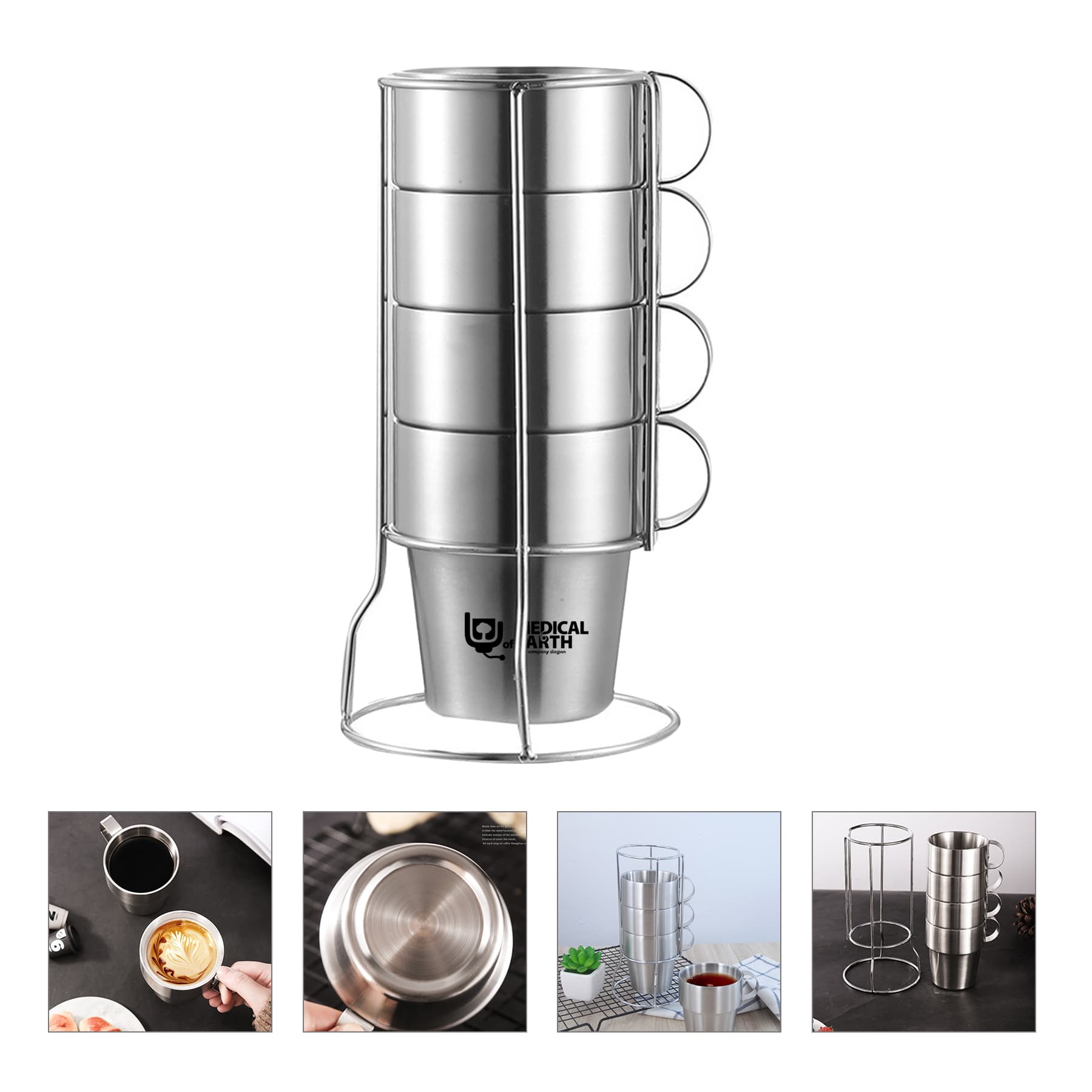 Set Of 4 Stackable Stainless Steel Coffee Cups Double-Layer