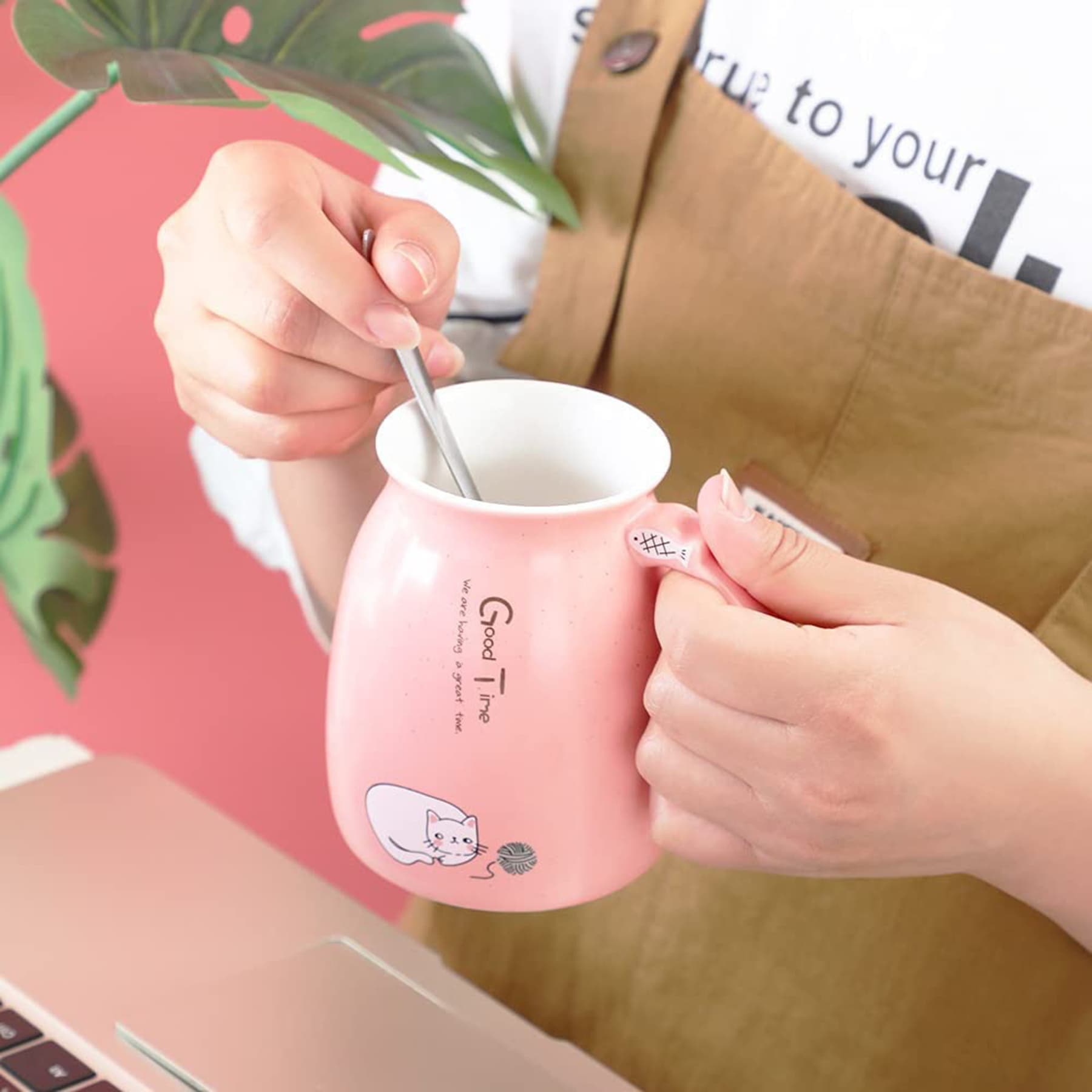 15oz Ceramic Cat Coffee Mug With Spoon Lid
