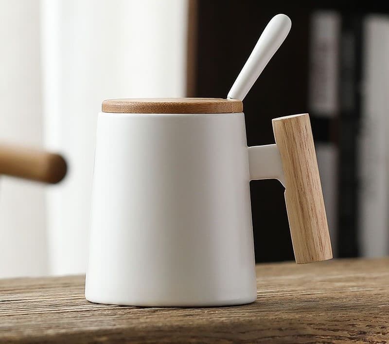 14 oz Ceramic Mug Cup With Wooden Handle
