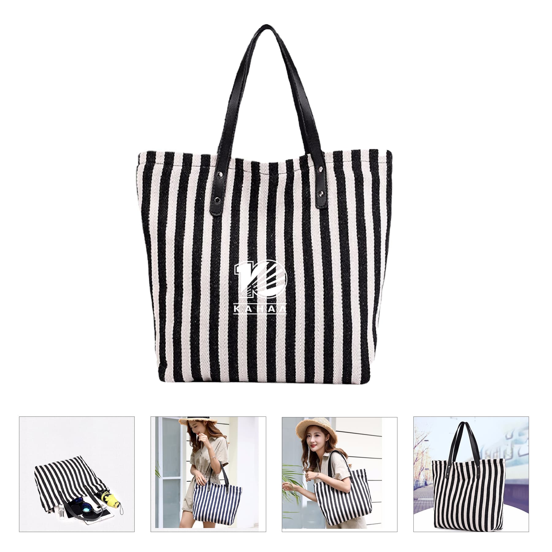 Black and White Striped Canvas Handbag Tote Bag