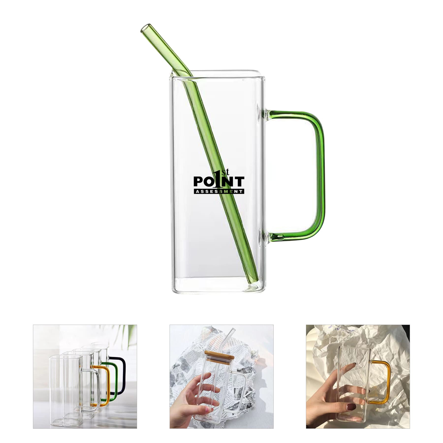 13.5OZ Water Beverage Clear Glass Cups Pot w/Straw&Lid