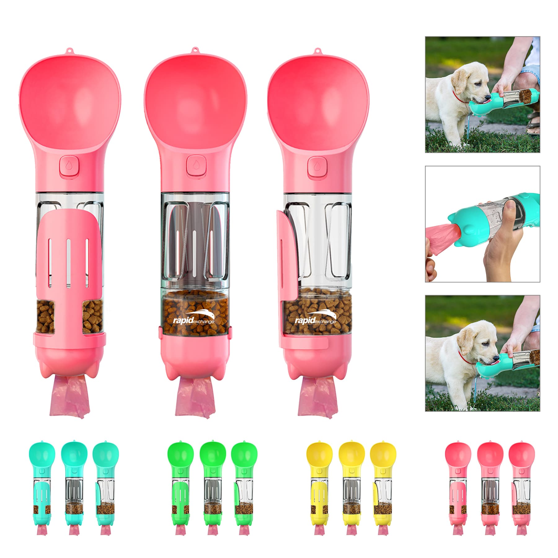 Portable 3 In 1 Pet Dog Water Bottle Poop Bag Food Dispenser