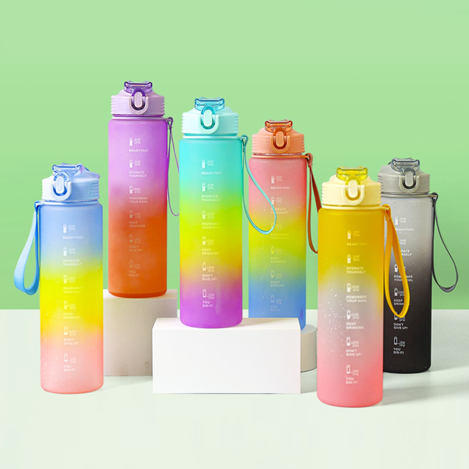 1L gradient color plastic cup with handle straw