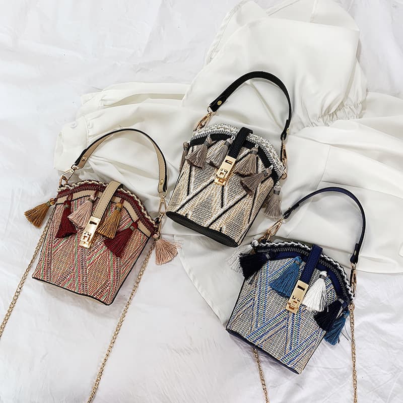 Jute Straw Cylindrical Shell Bucket Tote Crossbody Bag