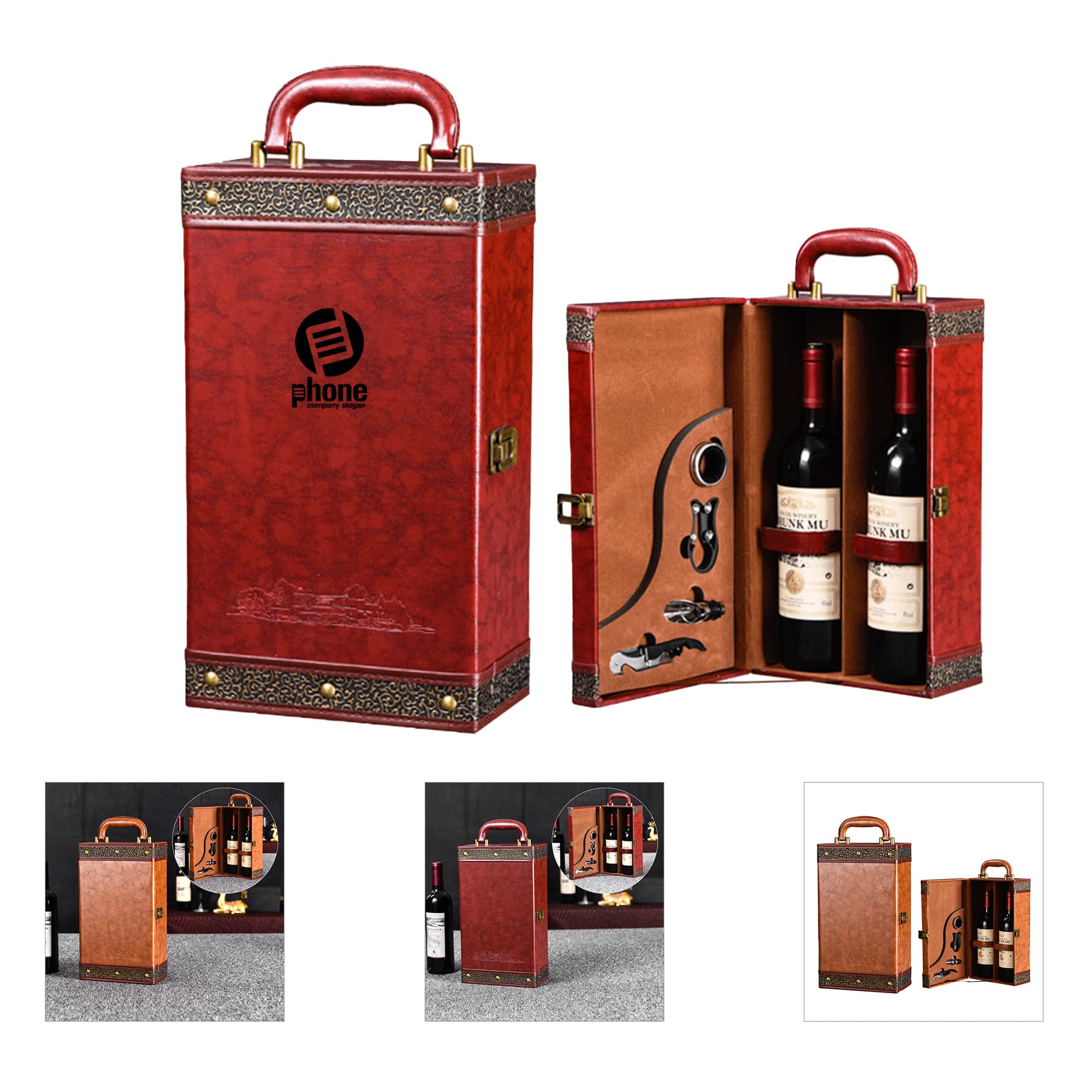 2 Bottles Leather Wine Box with Handles