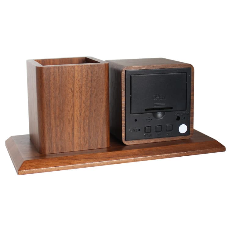 Wooden Alarm Clock Pen Holder