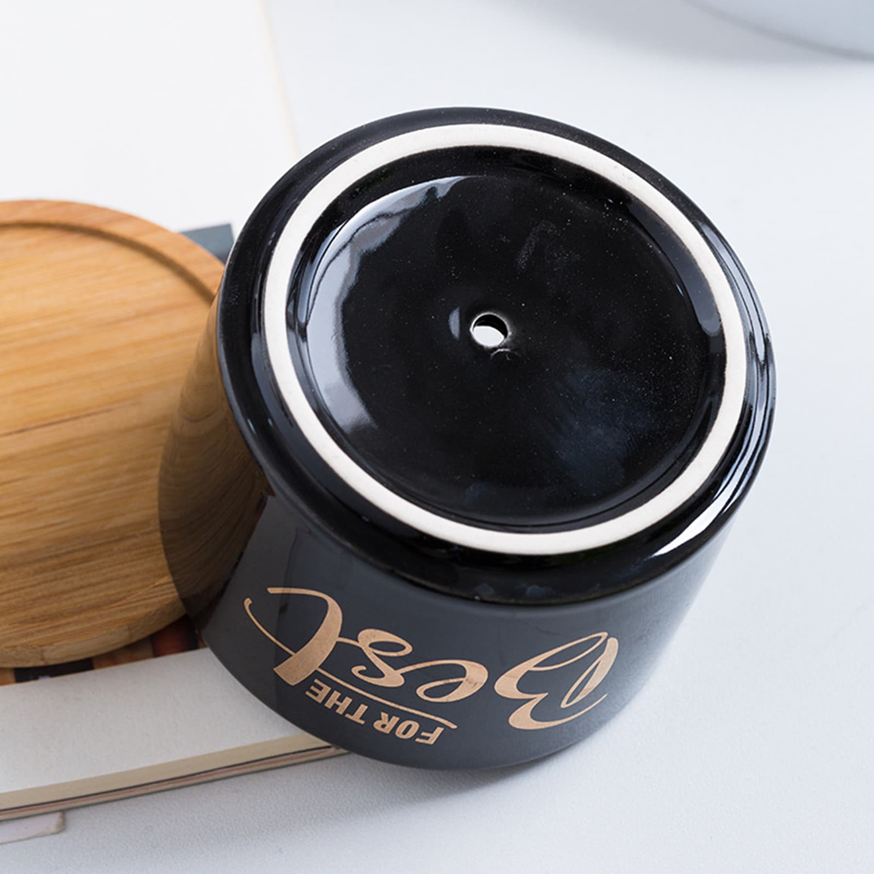 Ceramic Flower Planter Pot with Bamboo Tray