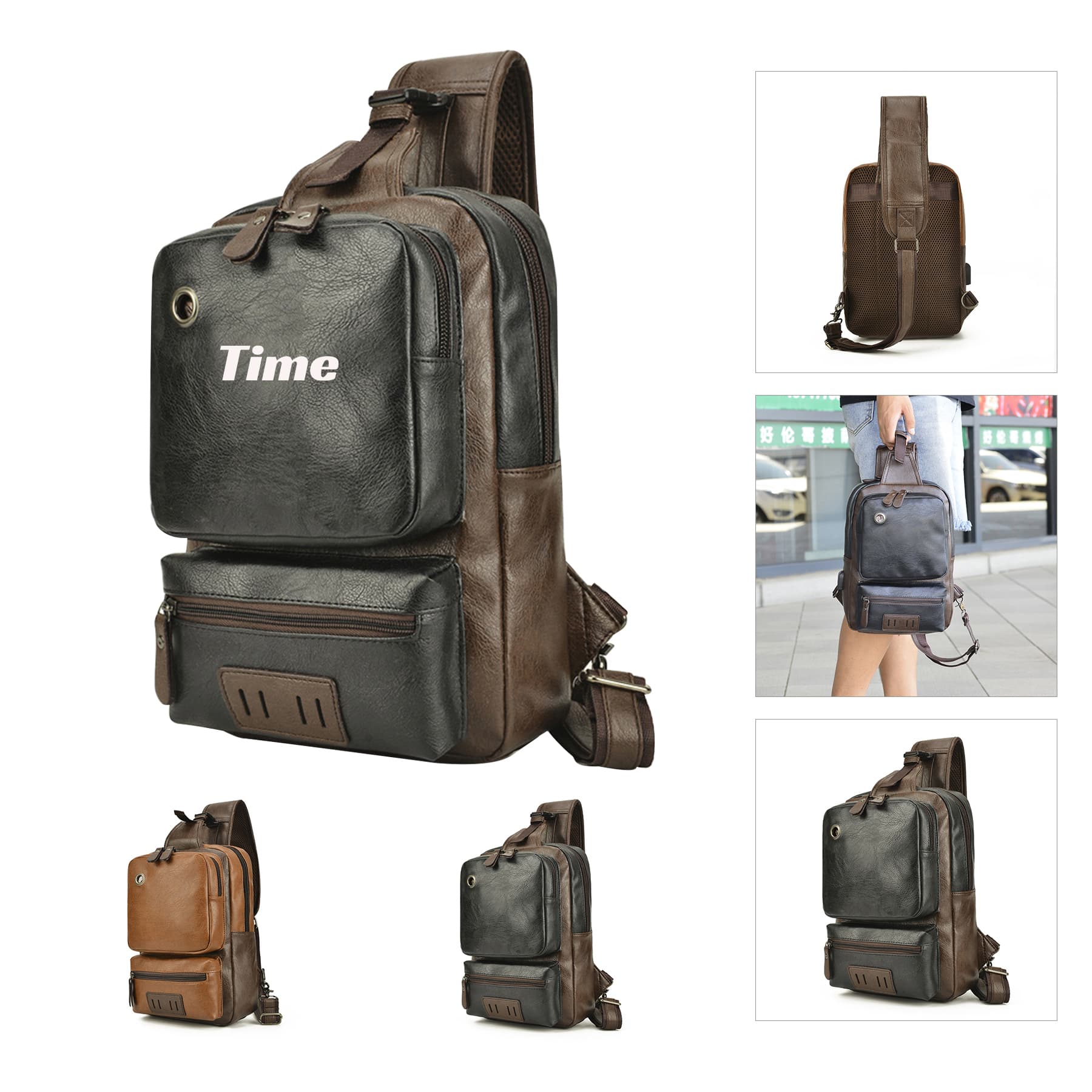 Custom Leather Travel Backpack with USB Charging Port